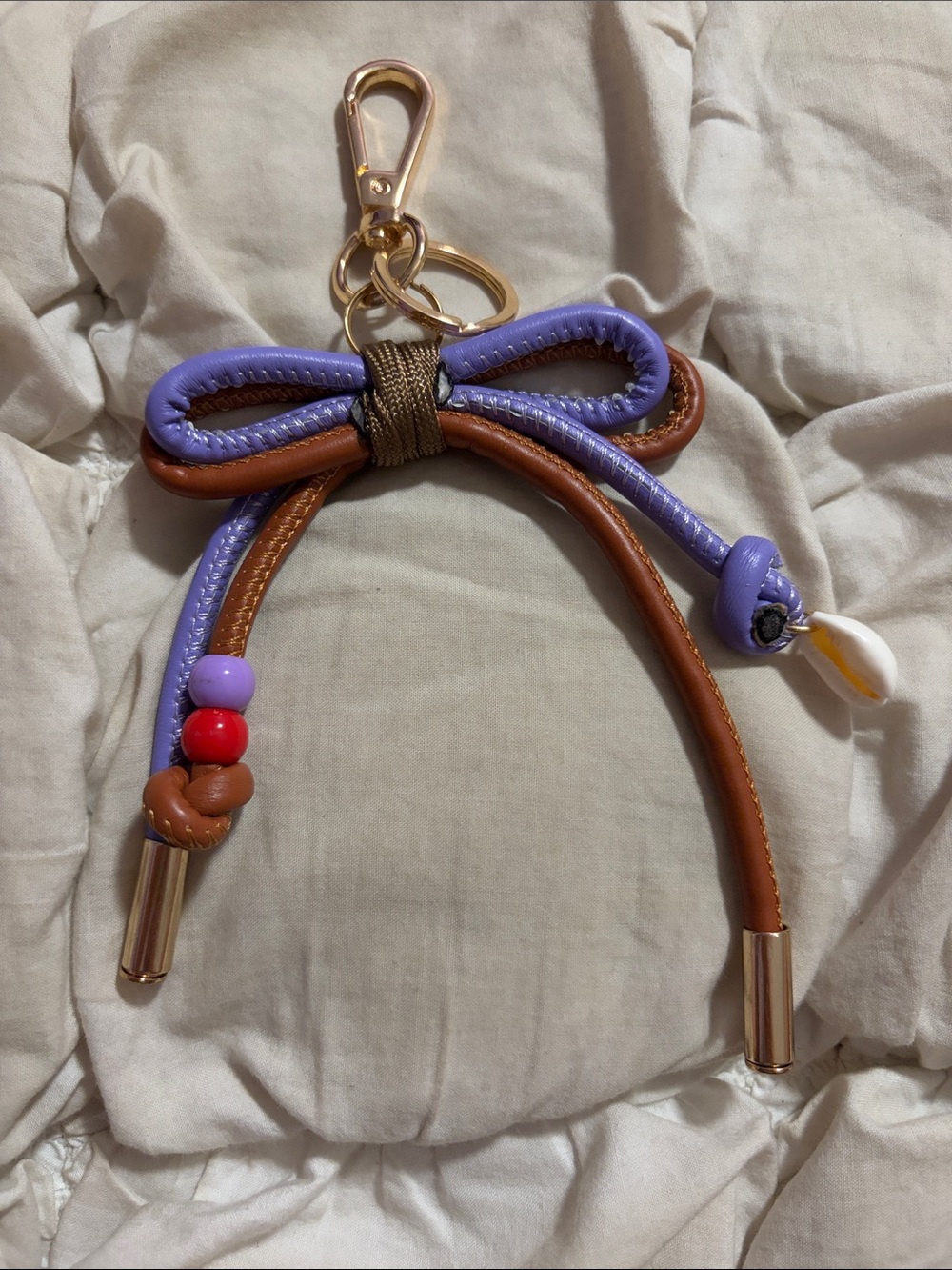 Free People Purple Brown Leather Bow Cowrie Shell Bag Charm Keychain Boho Chic